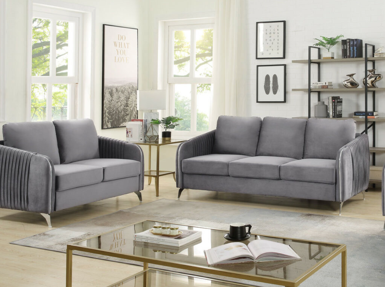 89725-SL Hathaway Grey Velvet Fabric Sofa Loveseat