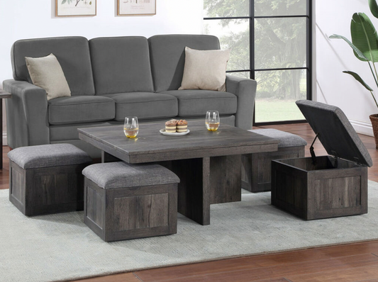 98013 Rustic Wood Coffee Table with 4 Stools