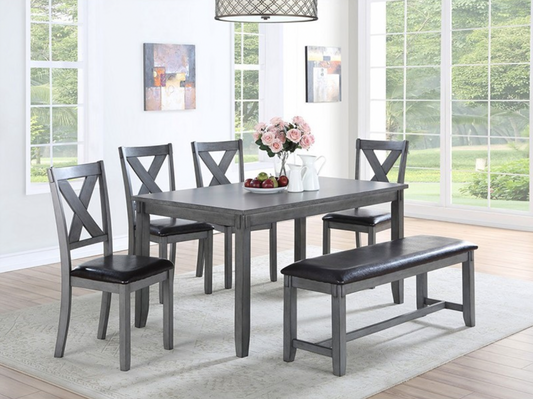 F2548 Vol1.P138-|6PCS DINING TABLE SET (TABLE+4 CHAIRS+BENCH) GREY